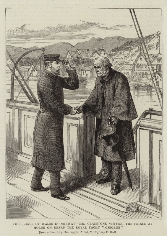 De Prins van Wales in Noorwegen, Mr. Gladstone bezoekt de Prins in Molde aan boord van het Koninklijk Jacht Osborne door Sydney Prior Hall