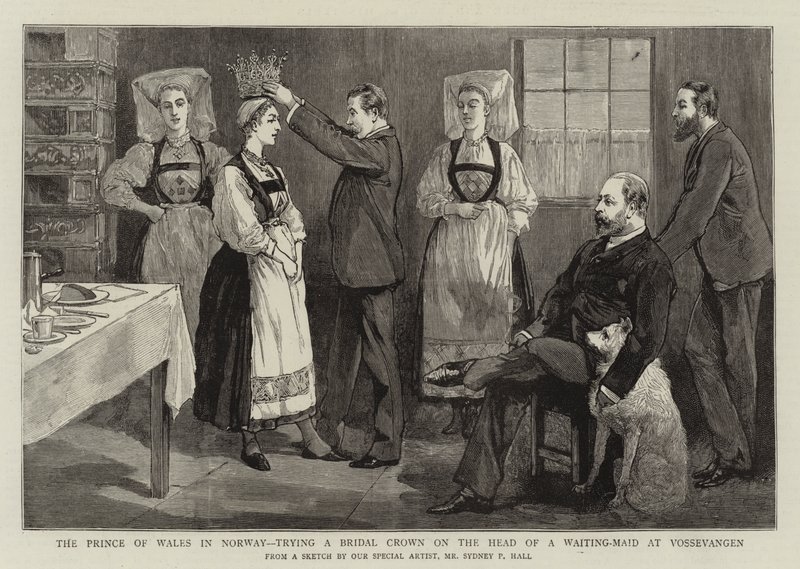 De prins van Wales in Noorwegen, probeert een bruidskroon op het hoofd van een dienstmeid in Vossevangen door Sydney Prior Hall