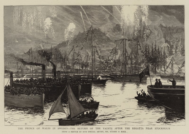 De Prins van Wales in Zweden, de terugkeer van de jachten na de regatta bij Stockholm door Sydney Prior Hall