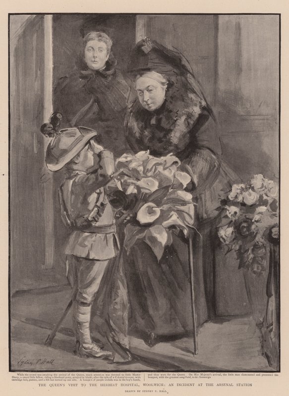 Het bezoek van de koningin aan het Herbert Hospital, Woolwich, een incident op het Arsenal Station door Sydney Prior Hall