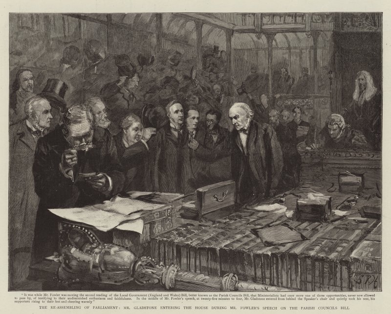 De heropening van het parlement, Mr. Gladstone betreedt het huis tijdens de toespraak van Mr. Fowler over de Parish Councils Bill door Sydney Prior Hall