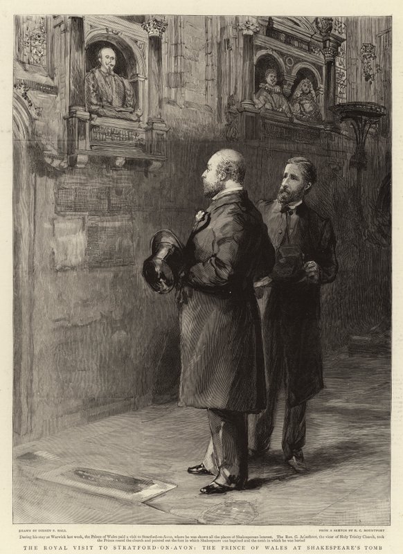 Het Koninklijk Bezoek aan Stratford-on-Avon, de Prins van Wales bij het Graf van Shakespeare door Sydney Prior Hall