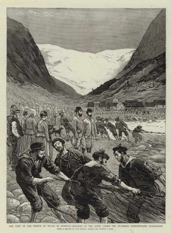 Het bezoek van de Prins van Wales aan Noorwegen, het binnenhalen van de Seine onder de Buarbrae, Sandvenvand, Hardanger door Sydney Prior Hall