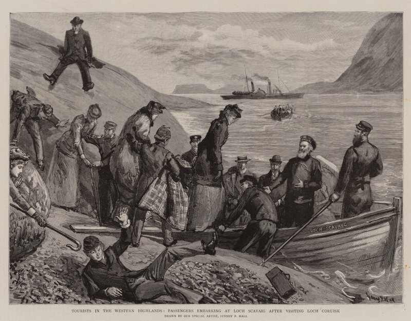 Toeristen in de Westelijke Hooglanden, Passagiers die inschepen bij Loch Scavaig na een bezoek aan Loch Coruisk door Sydney Prior Hall