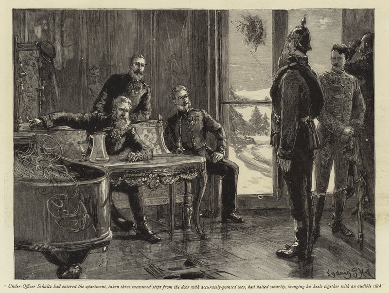 Onder-Officier Schultz had het appartement betreden, drie gemeten stappen vanaf de deur genomen met nauwkeurig gerichte tenen, was scherp gestopt en bracht zijn hielen samen met een hoorbare klik (gravure) door Sydney Prior Hall