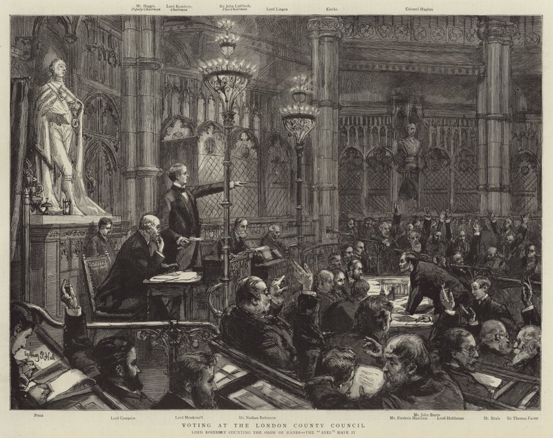 Stemmen bij de London County Council door Sydney Prior Hall