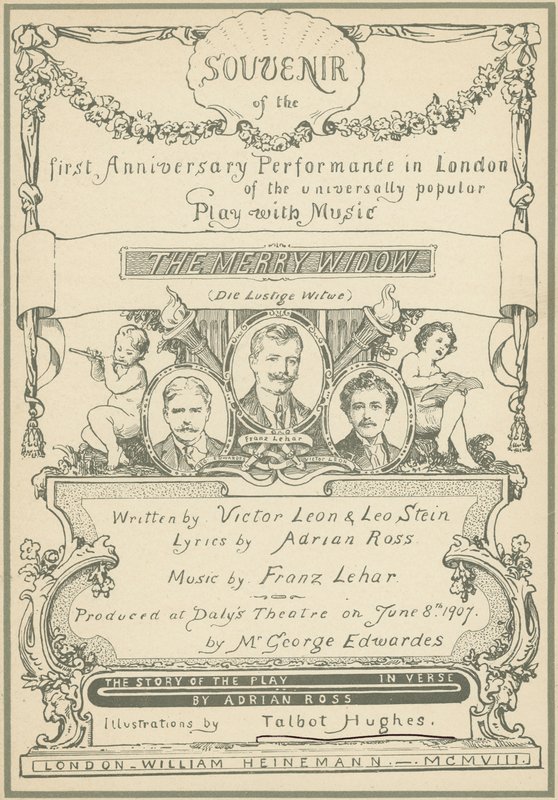 Titelpagina van Souvenir van de eerste Jubileumvoorstelling in Londen van De Vrolijke Weduwe door Talbot Hughes