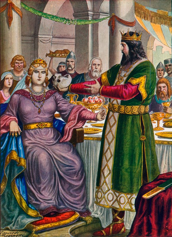 Alboino, koning van de Longobarden, biedt zijn vrouw Rosamunda een drankje aan uit de schedel van Cunimondo door Tancredi Scarpelli