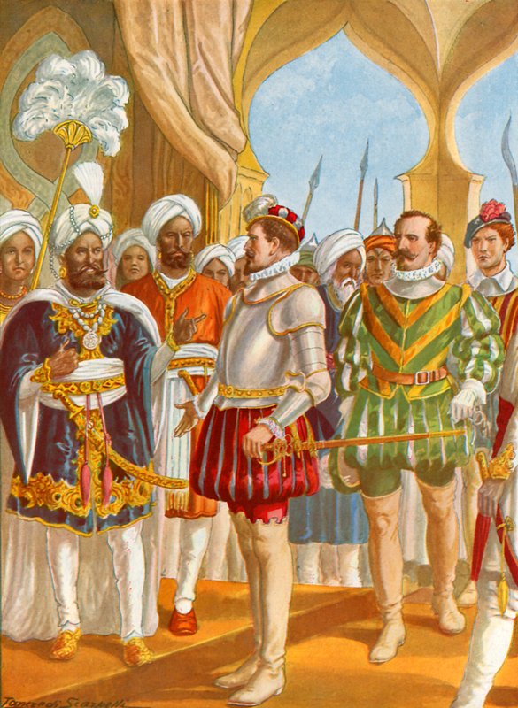 Gesprek tussen Pietro Alvares Cabral en de koning van Calicut door Tancredi Scarpelli