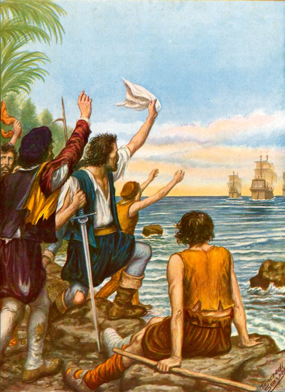 Diego Masques, kapitein van een van de schepen van de tweede expeditie van Christoffel Columbus, achtergelaten op een eiland met acht mannen door Tancredi Scarpelli