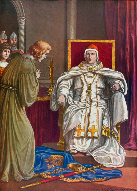 Heilige Roomse keizer Hendrik IV doet boete om zijn excommunicatie door paus Gregorius VII ongedaan te maken door Tancredi Scarpelli