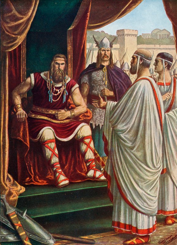 De Romeinse ambassadeurs smeken Alaric I, Koning van de Visigoten door Tancredi Scarpelli