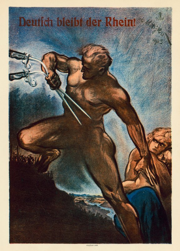De Rijn blijft Duits! Propagandaposter tegen de geallieerde bezetting van delen van West-Duitsland na de Eerste Wereldoorlog door Theo Matejko