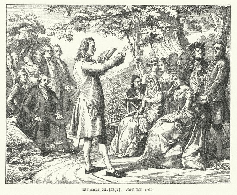 Het Weimar Hof van de Muzen: Duitse dichter en toneelschrijver Friedrich Schiller leest voor in Schloss Tiefurt, met Christoph Martin Wieland, Johann Wolfgang Goethe en Johann Gottfried Herder onder de luisteraars door Theobald Reinhold von Oer