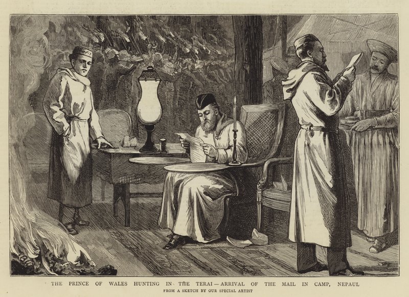 De Prins van Wales op jacht in de Terai, Aankomst van de post in het kamp, Nepal door Theodore Blake Wirgman