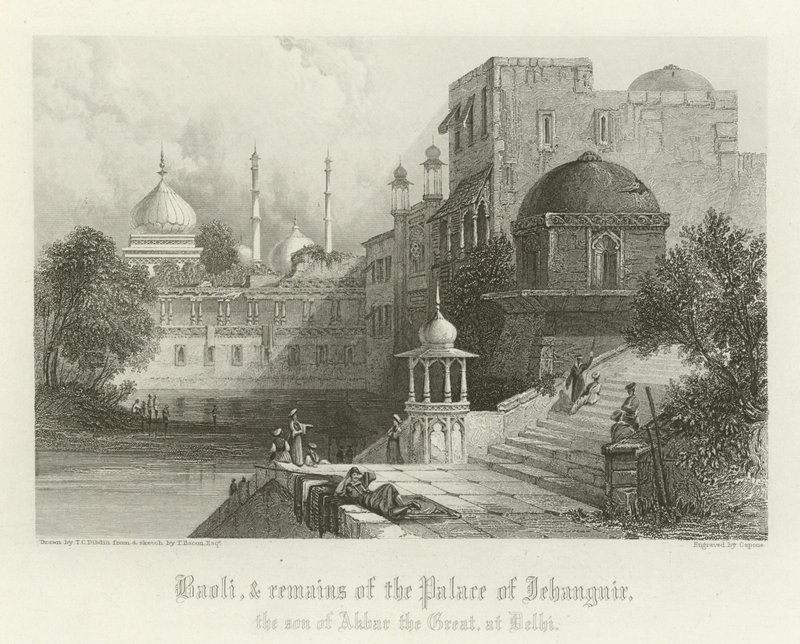 Baoli en overblijfselen van het Paleis van Jahangir, Delhi, India door Thomas Colman Dibdin