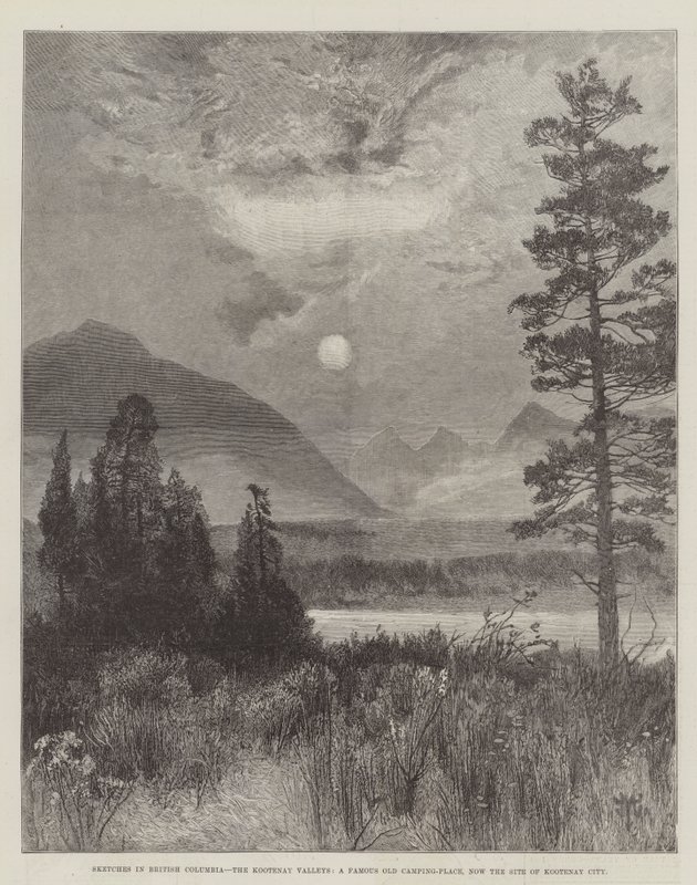 Schetsen in Brits Columbia, de Kootenay Valleien, een Beroemde Oude Kampeerplaats, nu de Locatie van Kootenay City door Thomas Moran