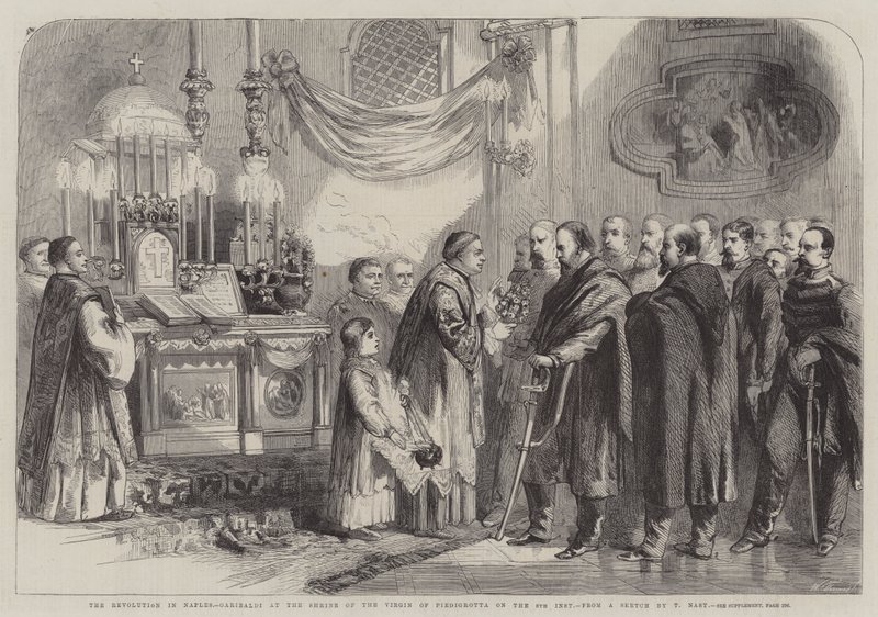 De revolutie in Napels, Garibaldi bij het heiligdom van de Maagd van Piedigrotta op de 8e door Thomas Nast