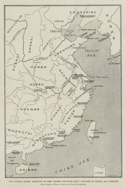 De Chinese crisis, posities van Port Arthur en Kiau-Chiau, bezet door Rusland en Duitsland, met namen van verdragssteden en -dorpen onderstreept door Thomas Sulman
