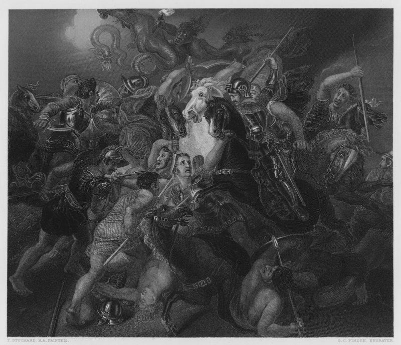 Een mythologische strijd, van het schilderij in de Vernon Gallery door Thomas Stothard