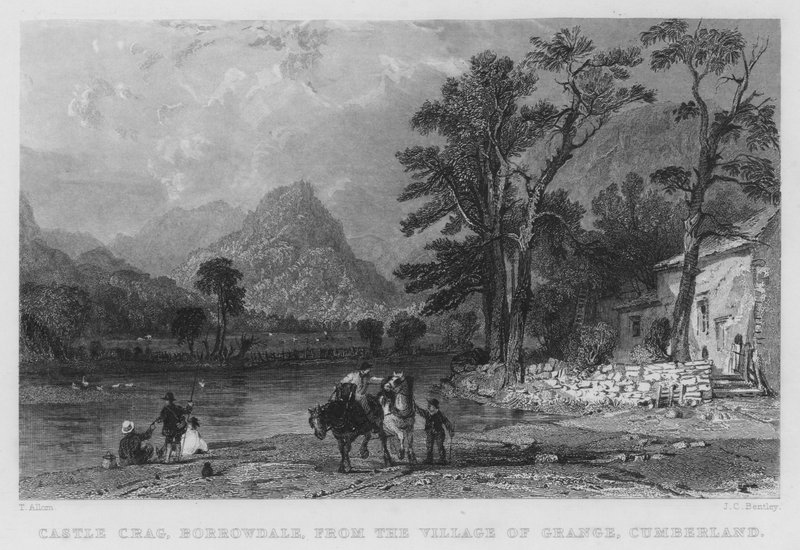 Castle Crag, Borrowdale, vanuit het dorp Grange, Cumberland door Thomas (after) Allom