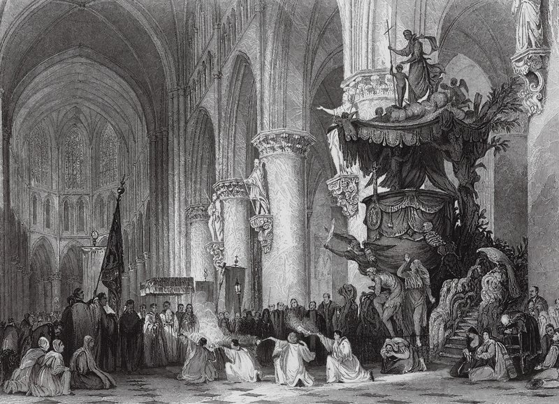 Kathedraal van St. Gudule, met beroemde gebeeldhouwde preekstoel, Brussel door Thomas (after) Allom