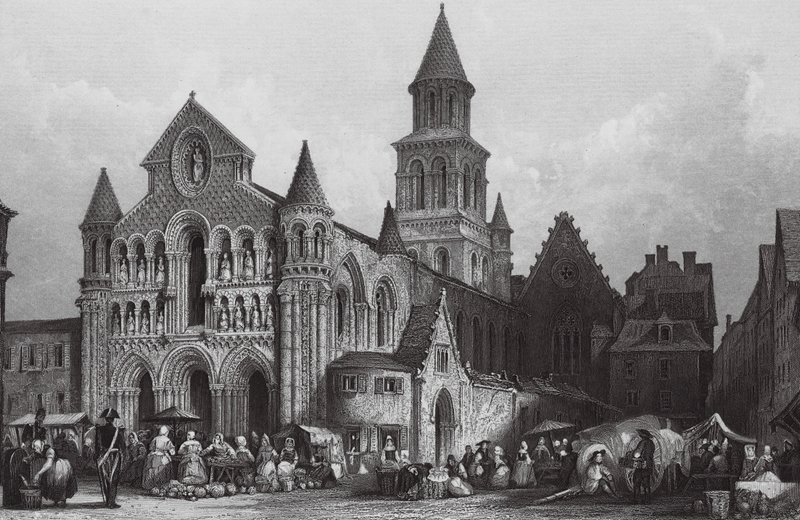 Kerk van Notre Dame, Poitiers door Thomas (after) Allom