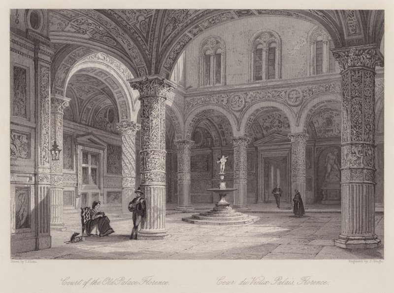 Hof van het Oude Paleis, Florence door Thomas (after) Allom