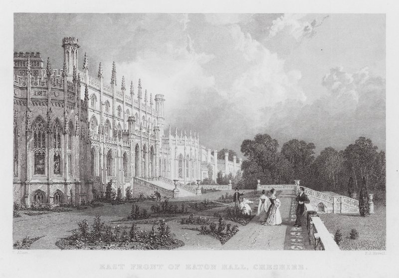Oostelijke voorzijde van Eaton Hall, Cheshire (gravure) door Thomas (after) Allom