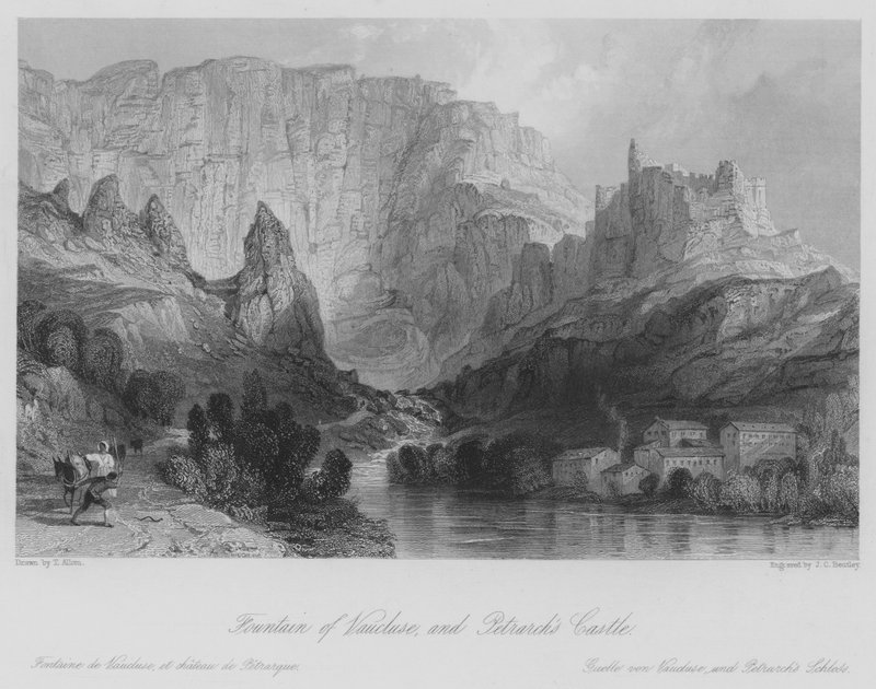 Fontein van Vaucluse en het kasteel van Petrarca door Thomas (after) Allom