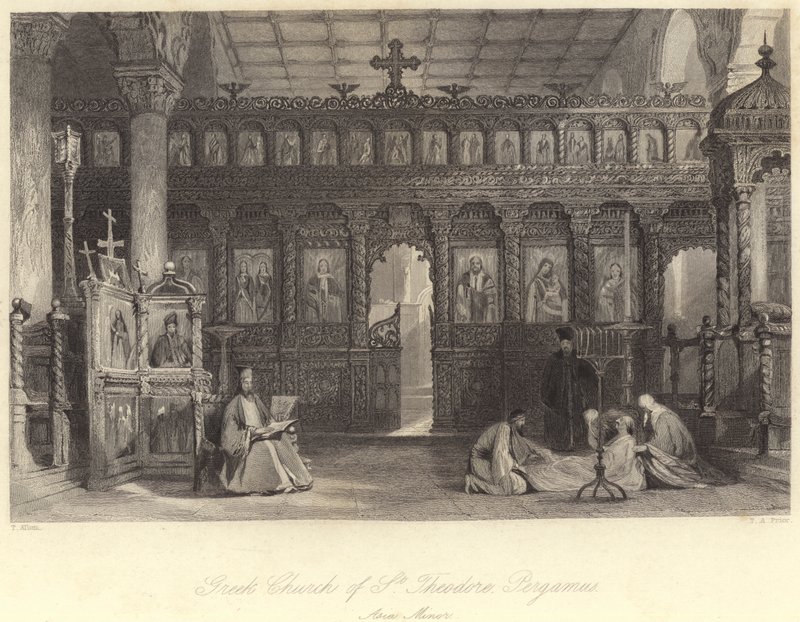 Griekse Kerk van St. Theodore, Pergamus, Klein-Azië (gravure) door Thomas (after) Allom