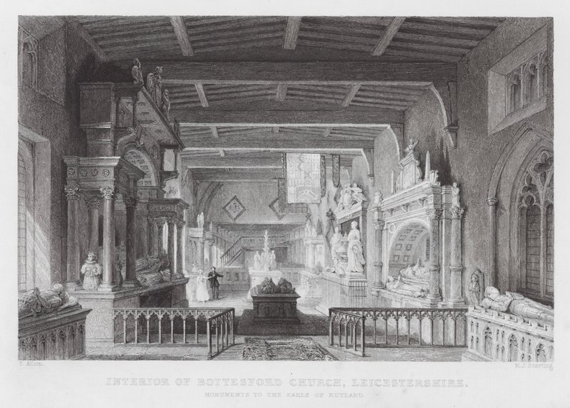 Interieur van Bottesford Church, Leicestershire, monumenten voor de graven van Rutland (gravure) door Thomas (after) Allom