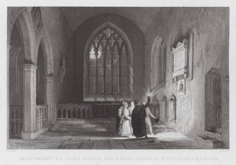 Monument voor Lord Byron, Hucknall Kerk, Nottinghamshire (gravure) door Thomas (after) Allom
