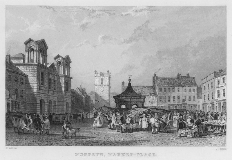 Morpeth, Marktplein door Thomas (after) Allom