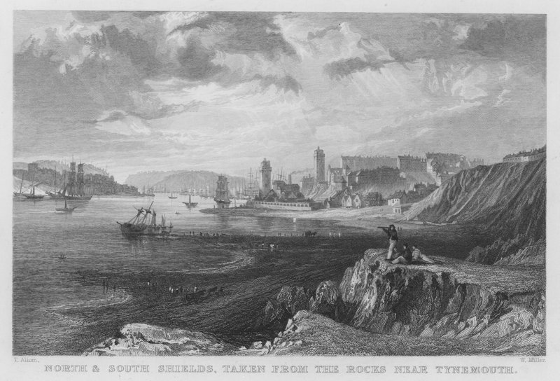 North en South Shields, genomen vanaf de rotsen bij Tynemouth (gravure) door Thomas (after) Allom