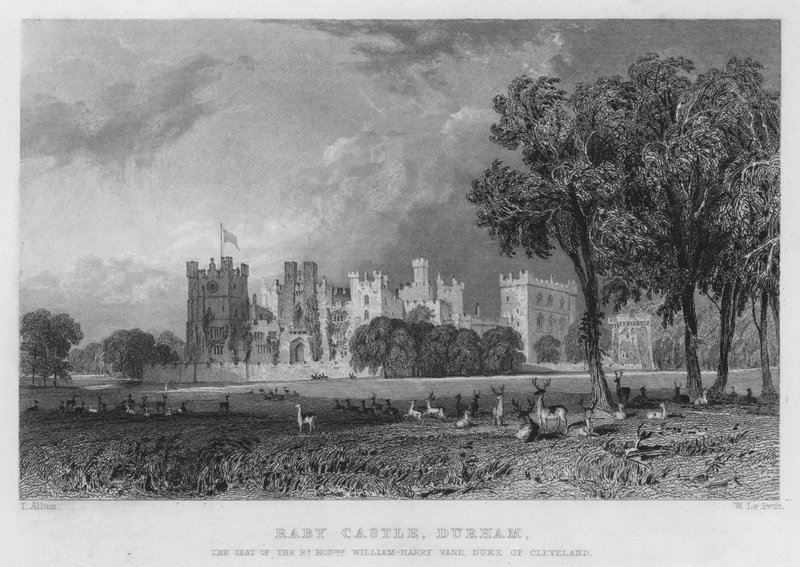 Raby Castle, Durham, de zetel van William-Harry Vane, hertog van Cleveland (gravure) door Thomas (after) Allom