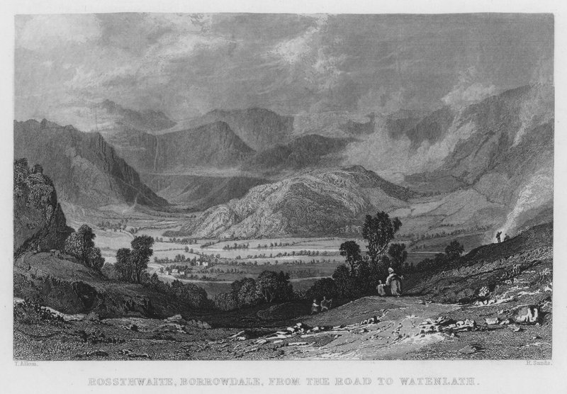 Rossthwaite, Borrowdale, vanaf de weg naar Watenlath (gravure) door Thomas (after) Allom
