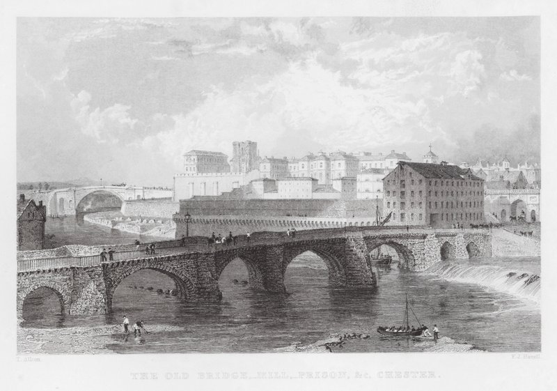 De oude brug, molen, gevangenis, enz., Chester (gravure) door Thomas (after) Allom