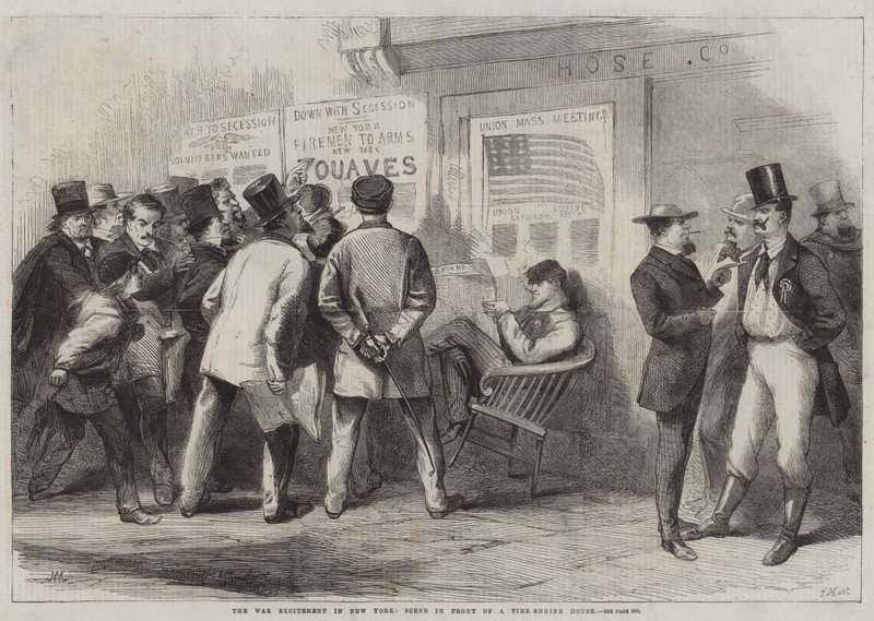De oorlogsexcitatie in New York, scène voor een brandweerkazerne door Thomas (after) Nast