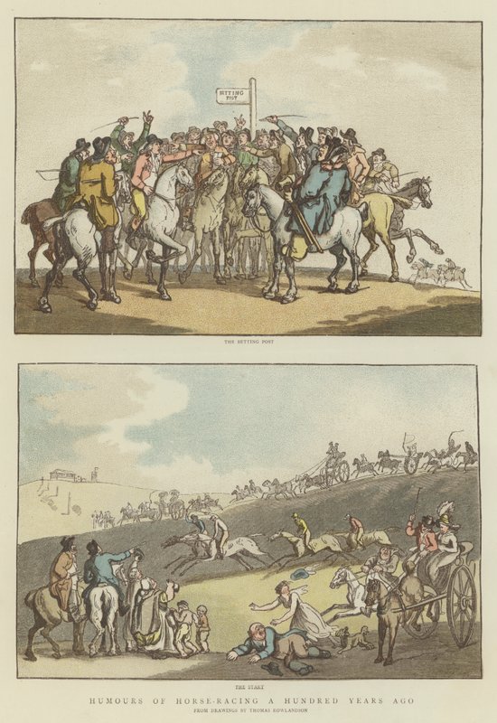 Humors van paardenrennen honderd jaar geleden door Thomas (after) Rowlandson
