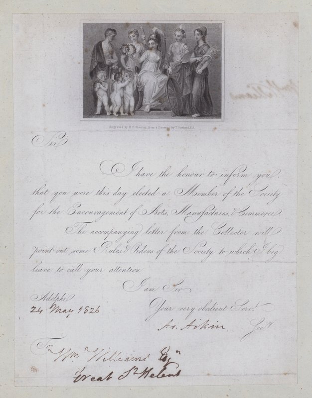 Bevestigingsbrief van verkiezing tot lidmaatschap van de Society for the Encouragement of Arts, Manufacturies and Commerce door Thomas (after) Stothard