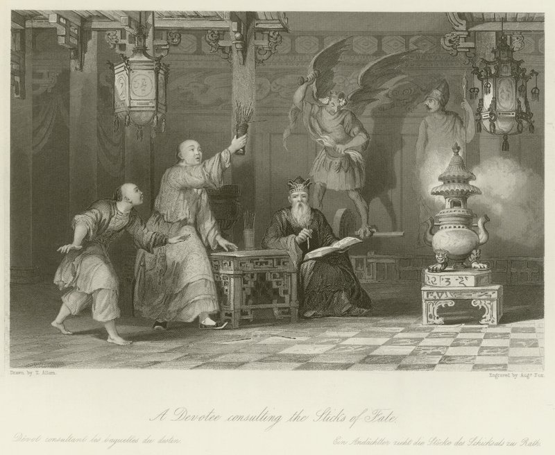 Een toegewijde raadpleegt de Stokken van het Lot door Thomas Allom