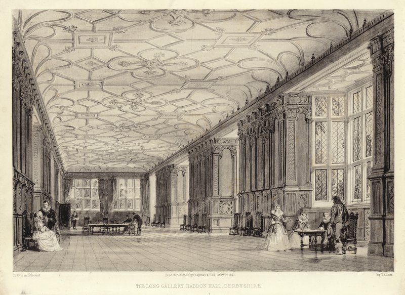 De lange galerij, Haddon Hall, Derbyshire door Thomas Allom
