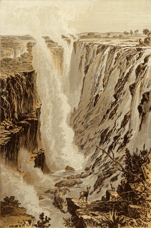 De Victoriawaterval, Zambesi, vanaf het oostelijke uiteinde van de kloof (chromolitho) door Thomas Baines