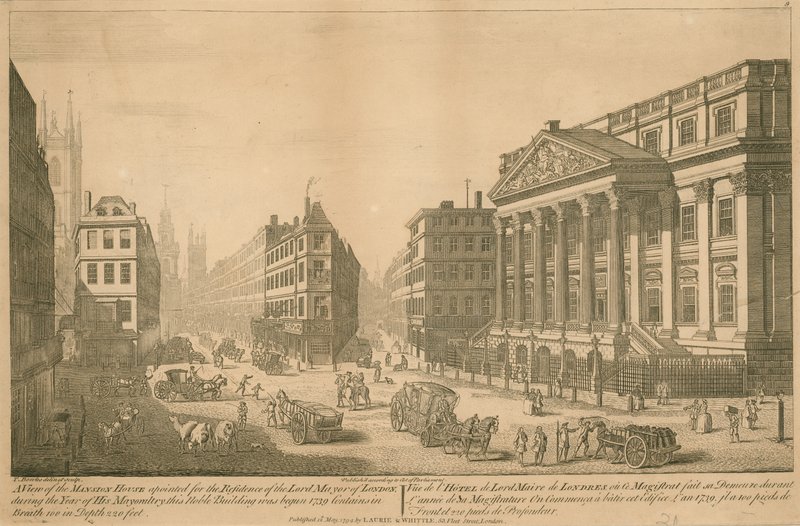 Een Uitzicht op het Mansion House, aangewezen als residentie van de Lord Mayor van Londen door Thomas Bowles
