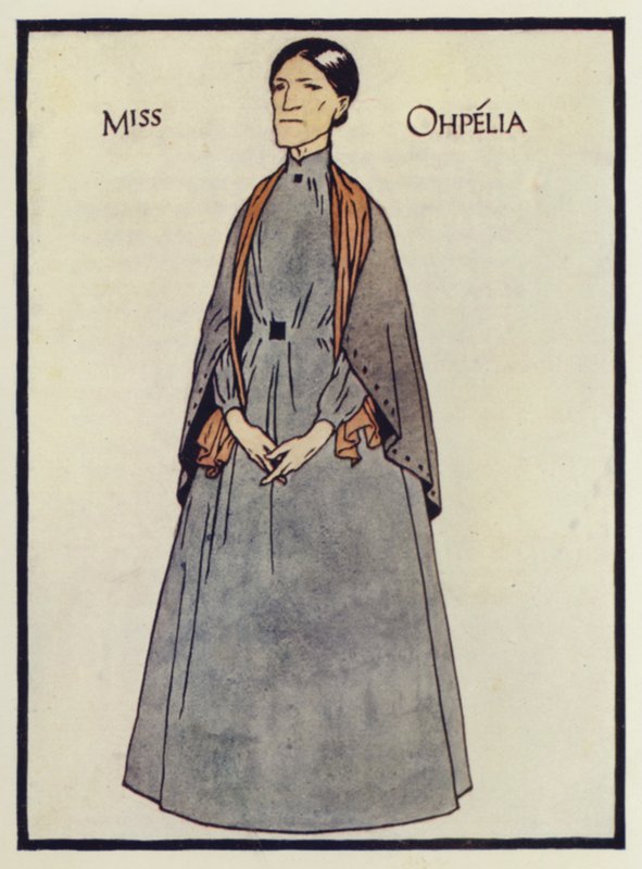 Miss Ophelia, een personage uit De Hut van Oom Tom (kleurenlitho) door Thomas Derrick