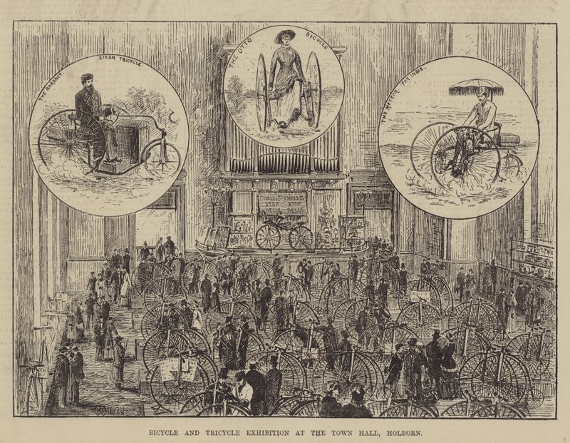 Fiets- en driewielexpositie in het stadhuis, Holborn door Thomas Harrington Wilson