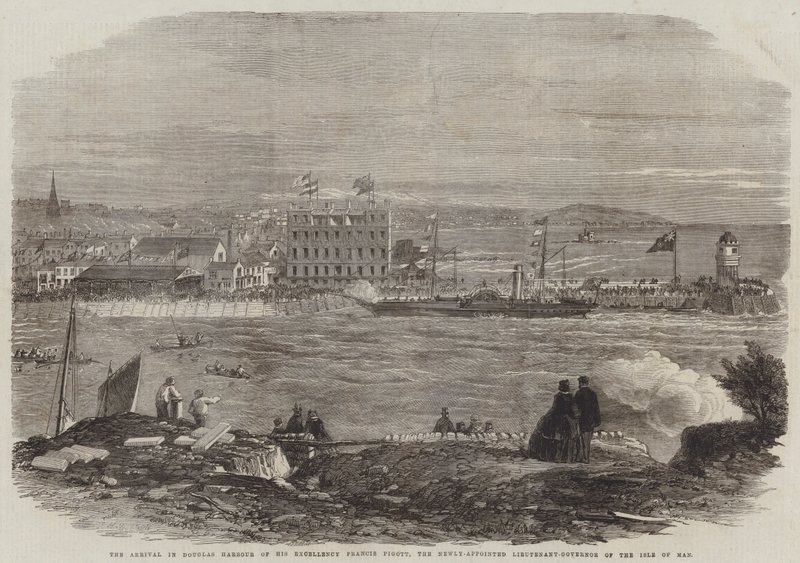 De aankomst in Douglas Harbour van Zijne Excellentie Francis Pigott, de nieuw benoemde luitenant-gouverneur van het eiland Man door Thomas Harrington Wilson
