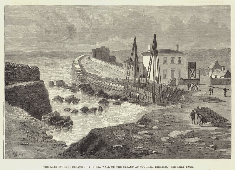 De recente stormen, doorbraak in de zeewering op het strand van Youghal, Ierland door Thomas Harrington Wilson