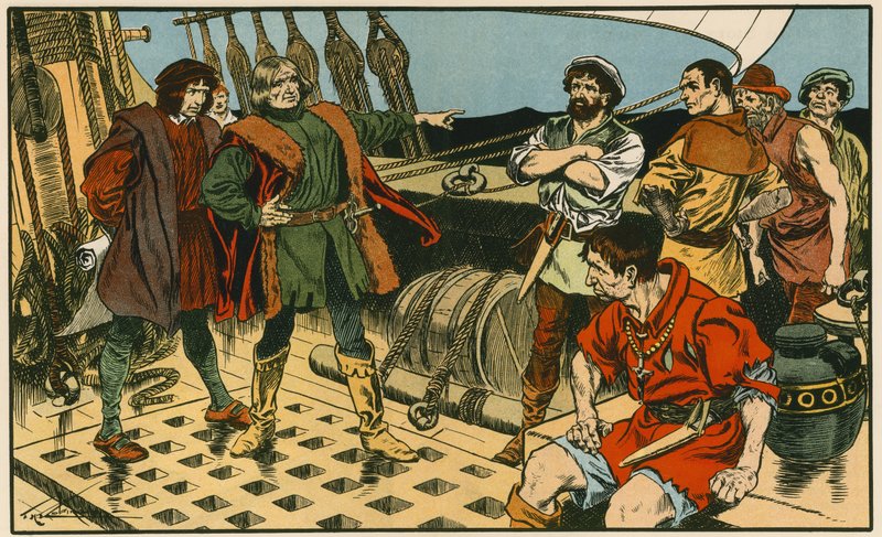 Christoffel Columbus op zijn reis naar Amerika (kleurenlitho) door Thomas Heath Robinson